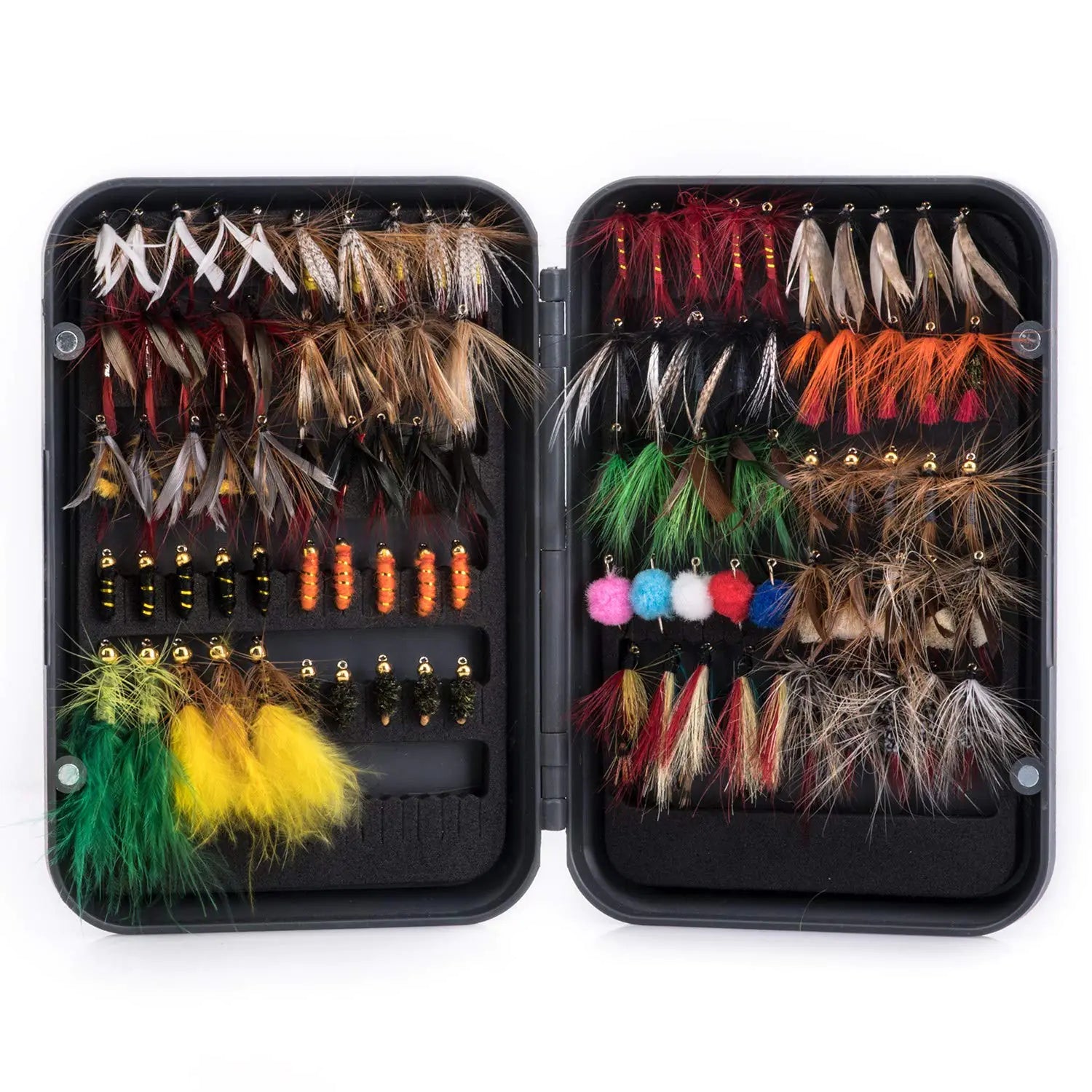 Goture Fly Fishing Flies Kit - 100pcs Fly Fishing Lures with Fly Fishing Box - Fly Fishing Assortment Kit for Bass Trout Salmon Fishing - Dry Flies Wet Flies Streamers Nymphs