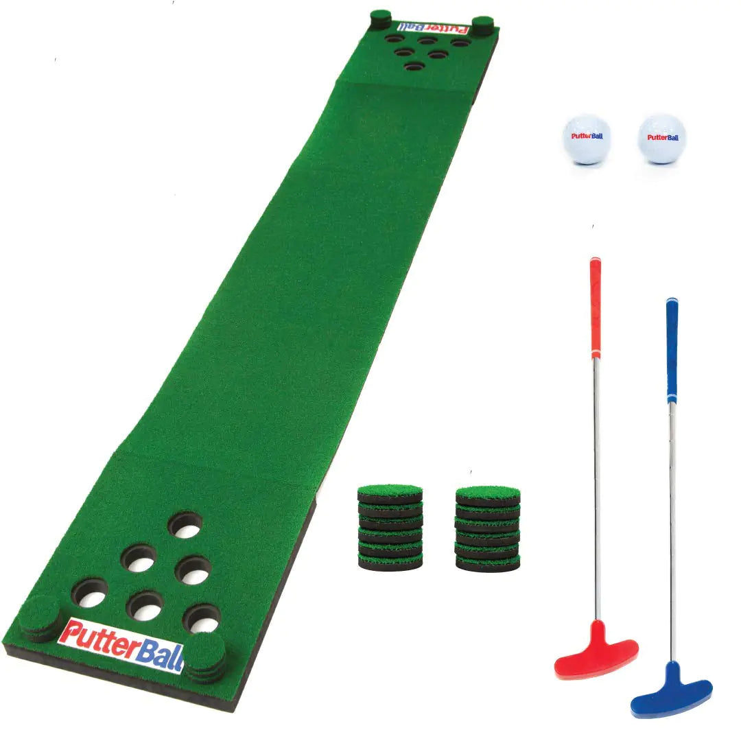 PutterBall Golf Pong Game Set The Original - Includes 2 Putters 2 Golf Balls Green Putting Pong Golf Mat & Golf Hole Covers - Best Backyard Party Golf Game Set