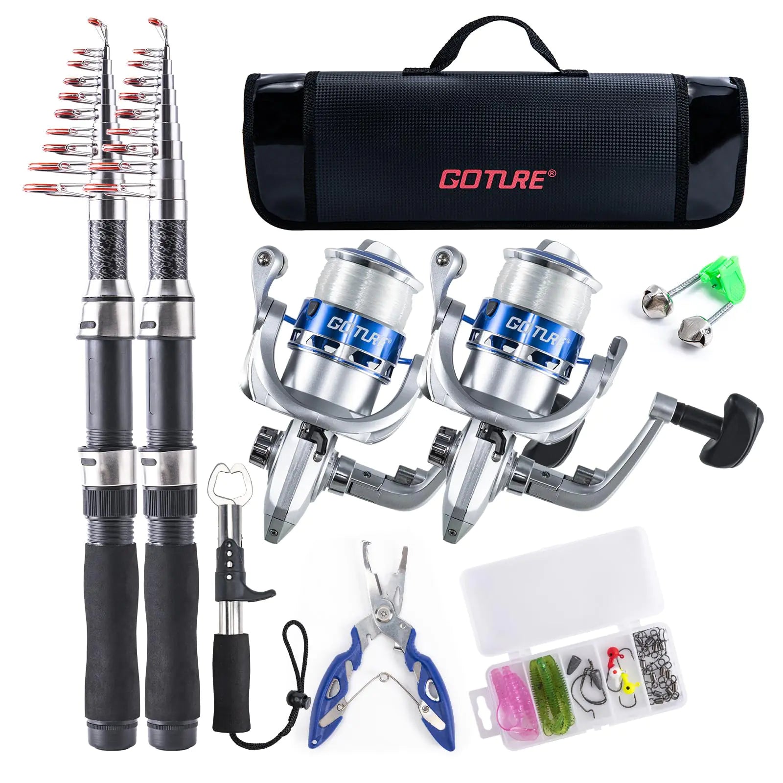 Goture Fishing Rod and Reel Combos-2PCS Telescopic Fishing Pole+2PCS Pre-Loaded Spinning Reels with Carrier BagTelescopic Fishing Rod Fishing Kit for Starter Travel Saltwater Freshwater Fishing Gear