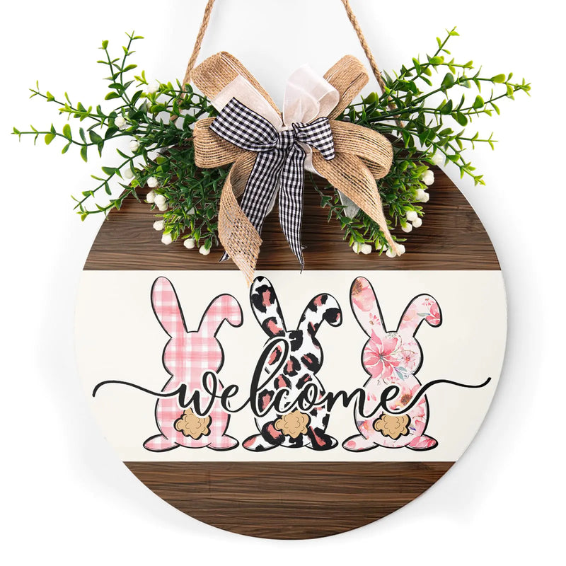 Happy Easter Wreaths for Front Door 12x12 Inch Easter Welcome Hanging Sign for Outdoor Outside Porch Decor Easter Bunny Rabbit Door Hanger Easter Wooden Wreath Sign for Home Front Porch Wall Indoor