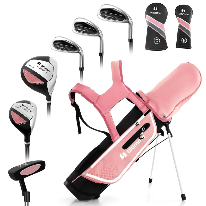 GYMAX Kids Golf Club Set Right Handed Complete Golf Set for Children with 4/6 Golf Clubs & Golf Stand Bag Toddler Youth Golf Clubs for Boys & Girls Junior Golf Clubs (Pink 11-13)