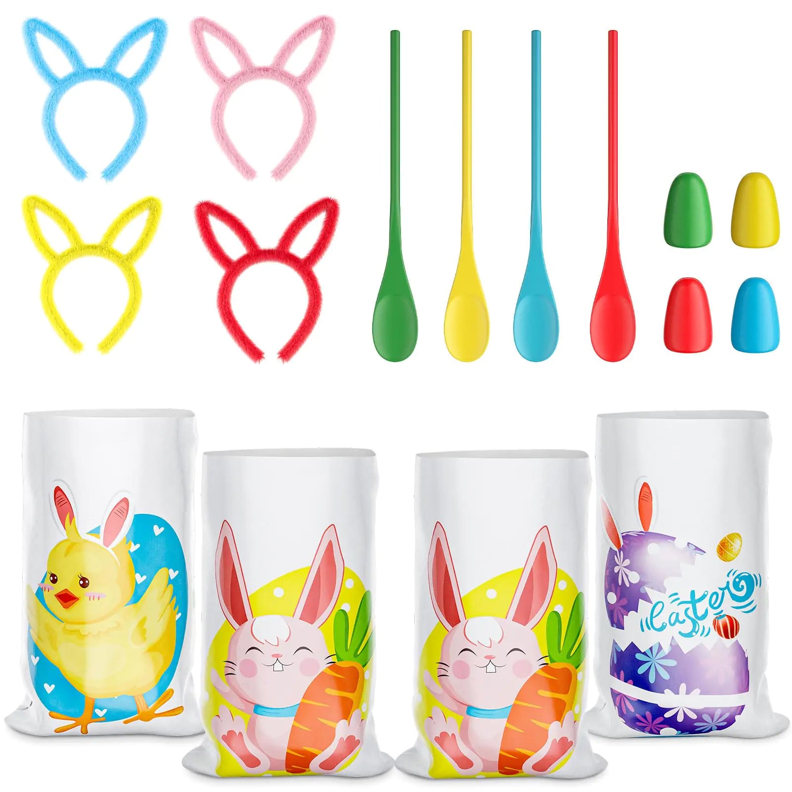 Easter Outdoor Games 4 Easter Potato Sack Race Bags for Kids 4 Set Easter Egg and Spoon 4 Bunny Ears Headbands Easter Outdoor Games for Easter Eggs Hunt Easter Party Supplies