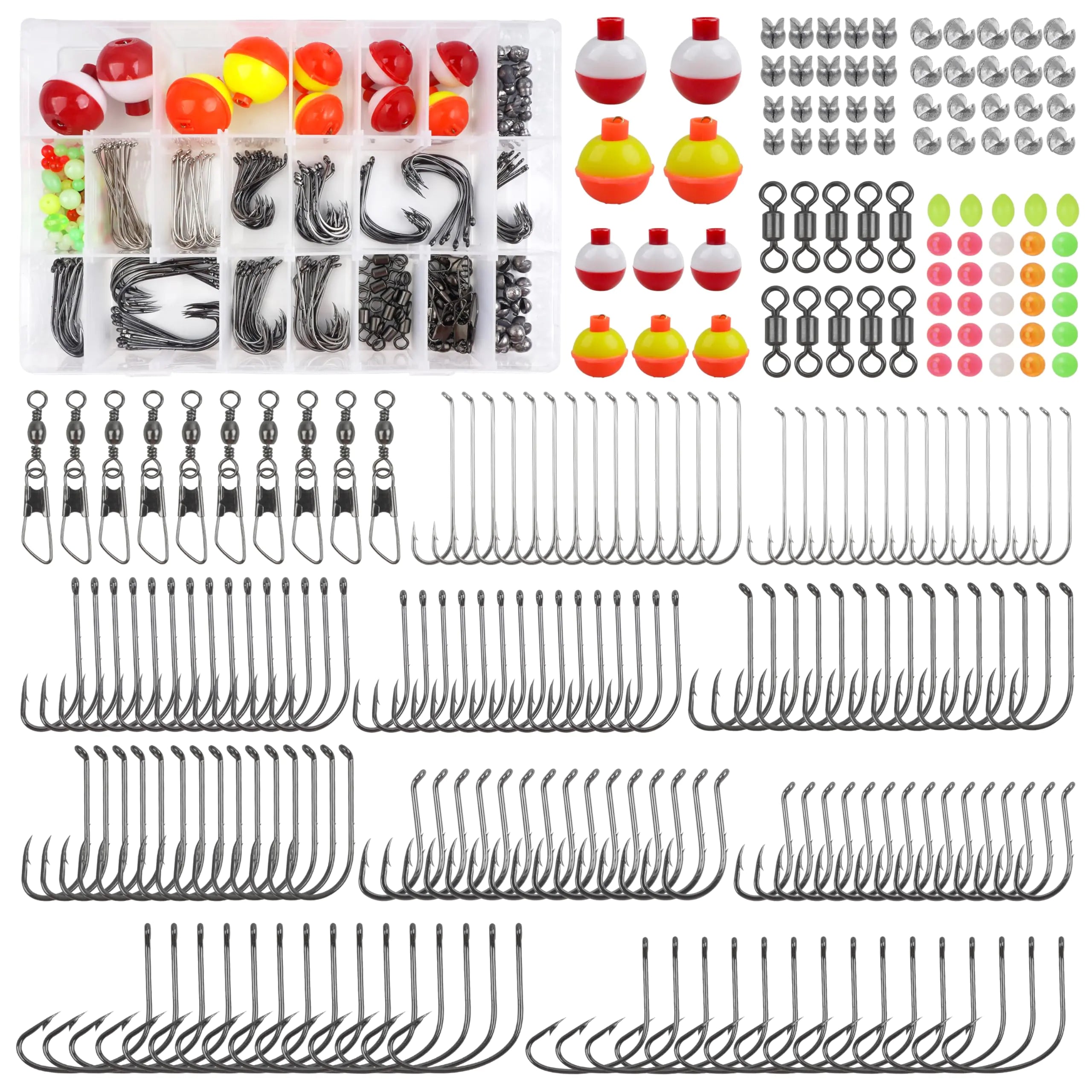 Fishing Hooks Bobbers Tackle Kit 250pcs Basic Fishing Tackle Box Included Octopus Circle Hooks Baitholder Hooks Fishing Bobbers Weights Starter Kit for Panfish Catfish Freshwater Fishing