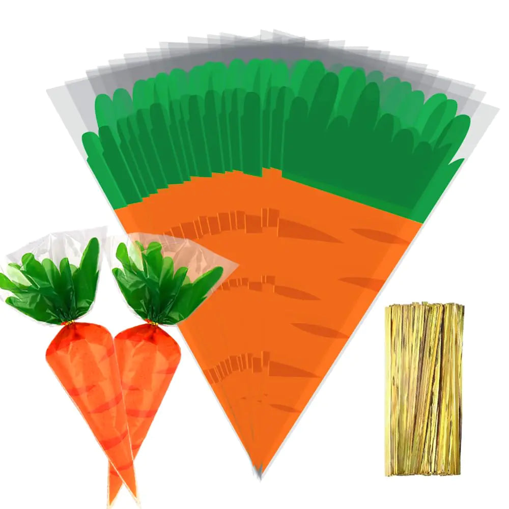 100 Pieces Easter Cellophane Gift Bags Easter Carrot Shape Candy Bags Easter Cellophane Treat Bags Easter Plastic OPP Bags with 100 Twist Ties for Cookies Candy Easter Party Decoration OPPSET01