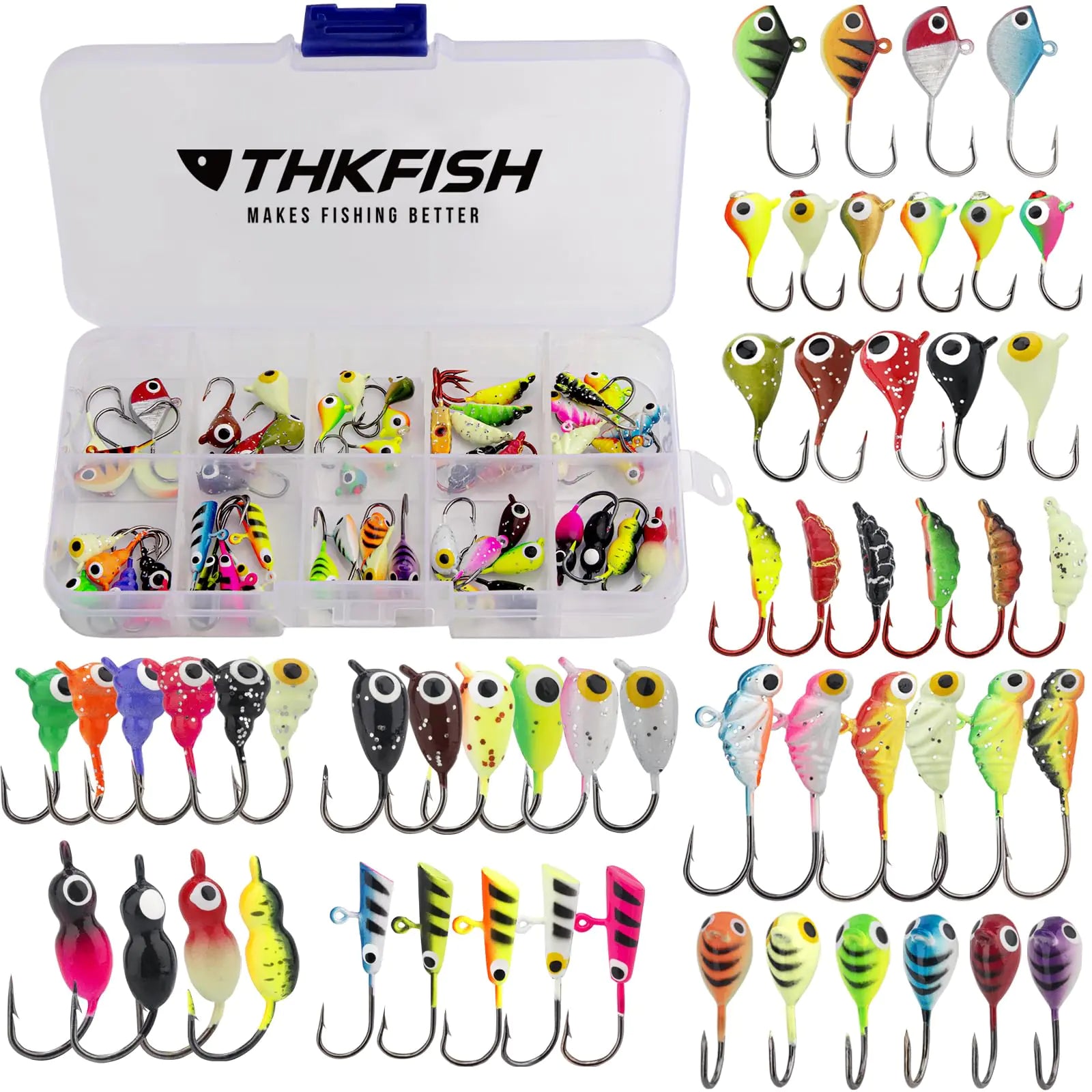 THKFISH Ice Fishing Jigs 54pcs Glow Ice Fishing Lures Walleye Jig Ice Fishing Jigs Kit Ice Fishing Gear for Crappie Bass Walleye Saltwater Freshwater Fishing Gear