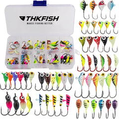 THKFISH Ice Fishing Jigs 54pcs Glow Ice Fishing Lures Walleye Jig Ice Fishing Jigs Kit Ice Fishing Gear for Crappie Bass Walleye Saltwater Freshwater Fishing Gear