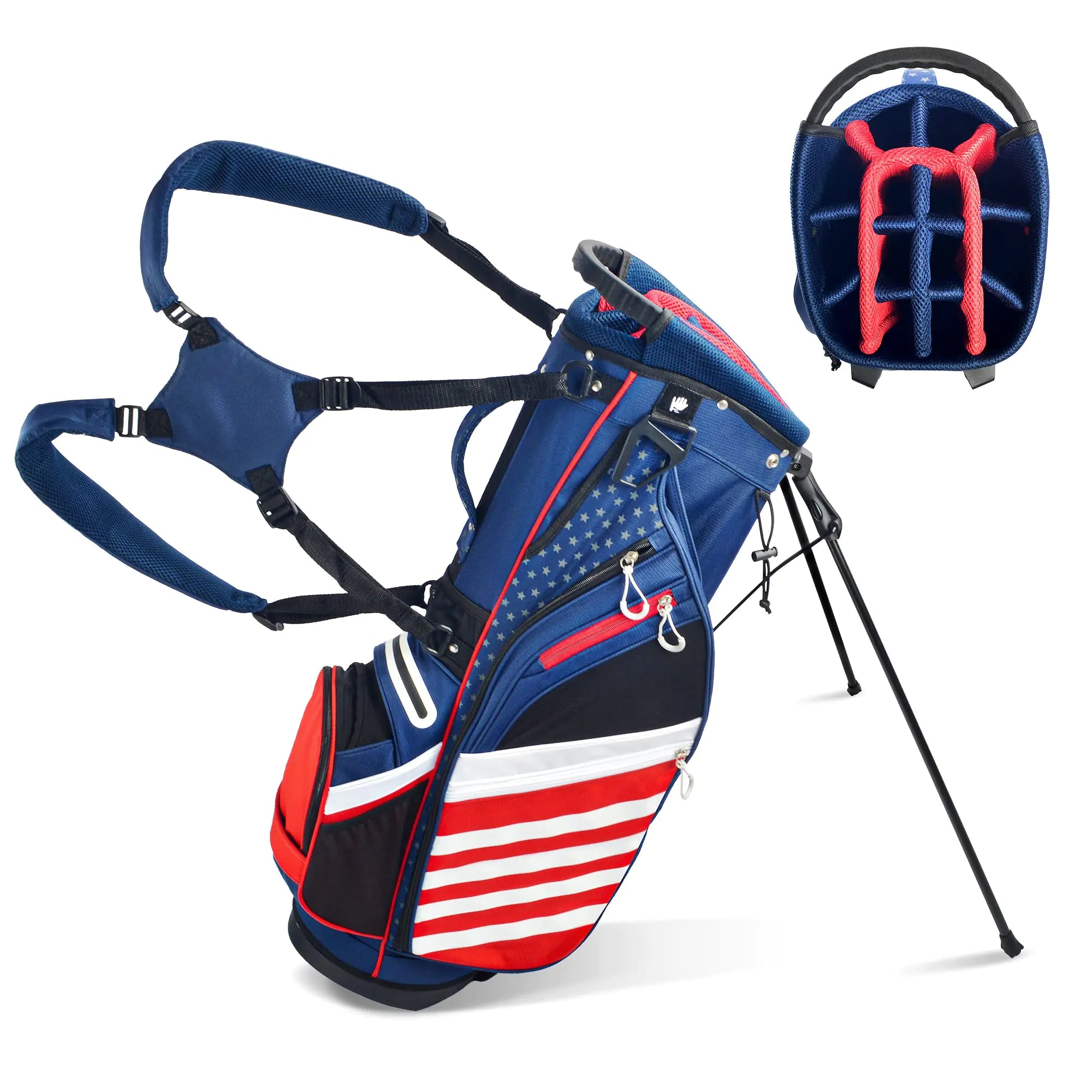 BOBOPRO Golf Stand Bag Lightweight 14 Way Top Dividers Golf Carry Bag with 8 Pockets USA Stars & Stripes Golf Bag for Golf Club Golf Cart for Men & Women