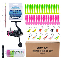 Goture Ice Fishing Rod Reel Combo Double Tip Ice Fishing Rod 52Pcs Ice Jig Set Ice Fishing Kit Include Ice Fishing Rod Ice Fishing Reel Ice Fishing Line Ice Fishing Lure Ice Fishing Starter Kit