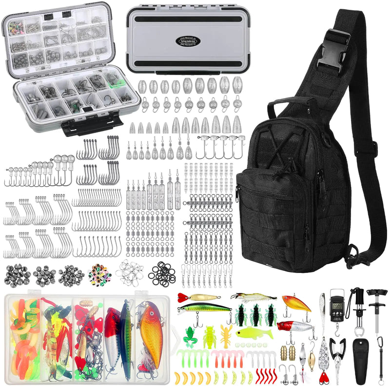 Sosation 482 Pcs Fishing Gear Equipment Kit Fishing Tackle Box with Tackle Included Backpack Lures Hooks Sinkers Fishing Tools Accessories Kit Fishing Gifts for Men Fishing Lovers(Black)