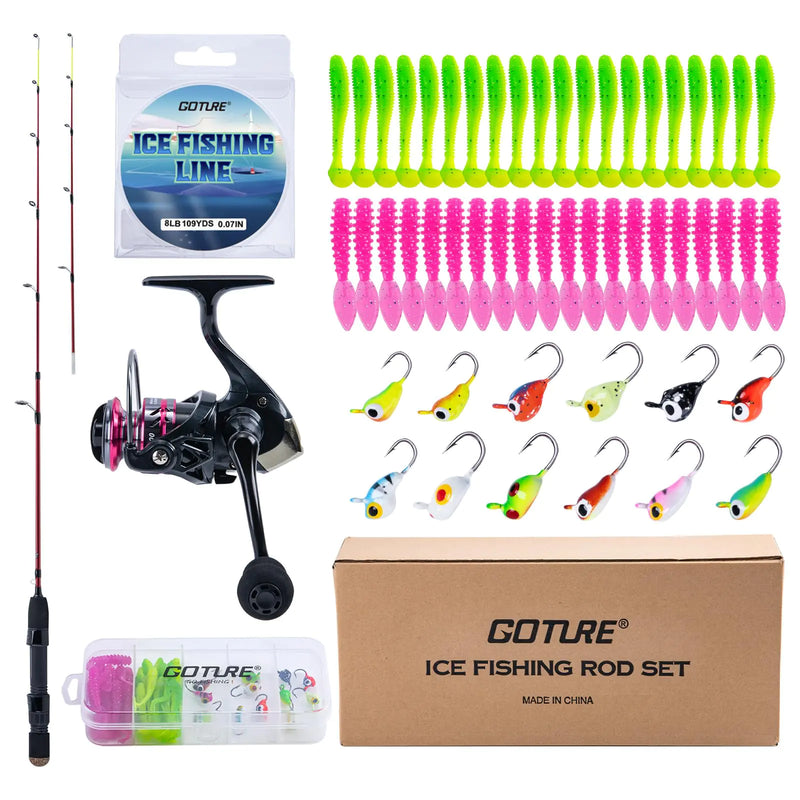 Goture Ice Fishing Rod Reel Combo Double Tip Ice Fishing Rod 52Pcs Ice Jig Set Ice Fishing Kit Include Ice Fishing Rod Ice Fishing Reel Ice Fishing Line Ice Fishing Lure Ice Fishing Starter Kit