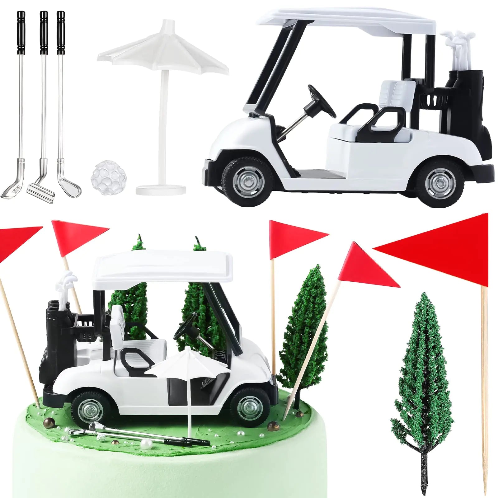 Leitee 21 Pcs Golf Cake Topper Golf Cake Decoration Golf Cupcake Topper Include Mini Golf Cart Red Flag Golf Ball Green Tree Golf Club Sun Umbrella for Golf Themed Birthday(WhiteClassic)