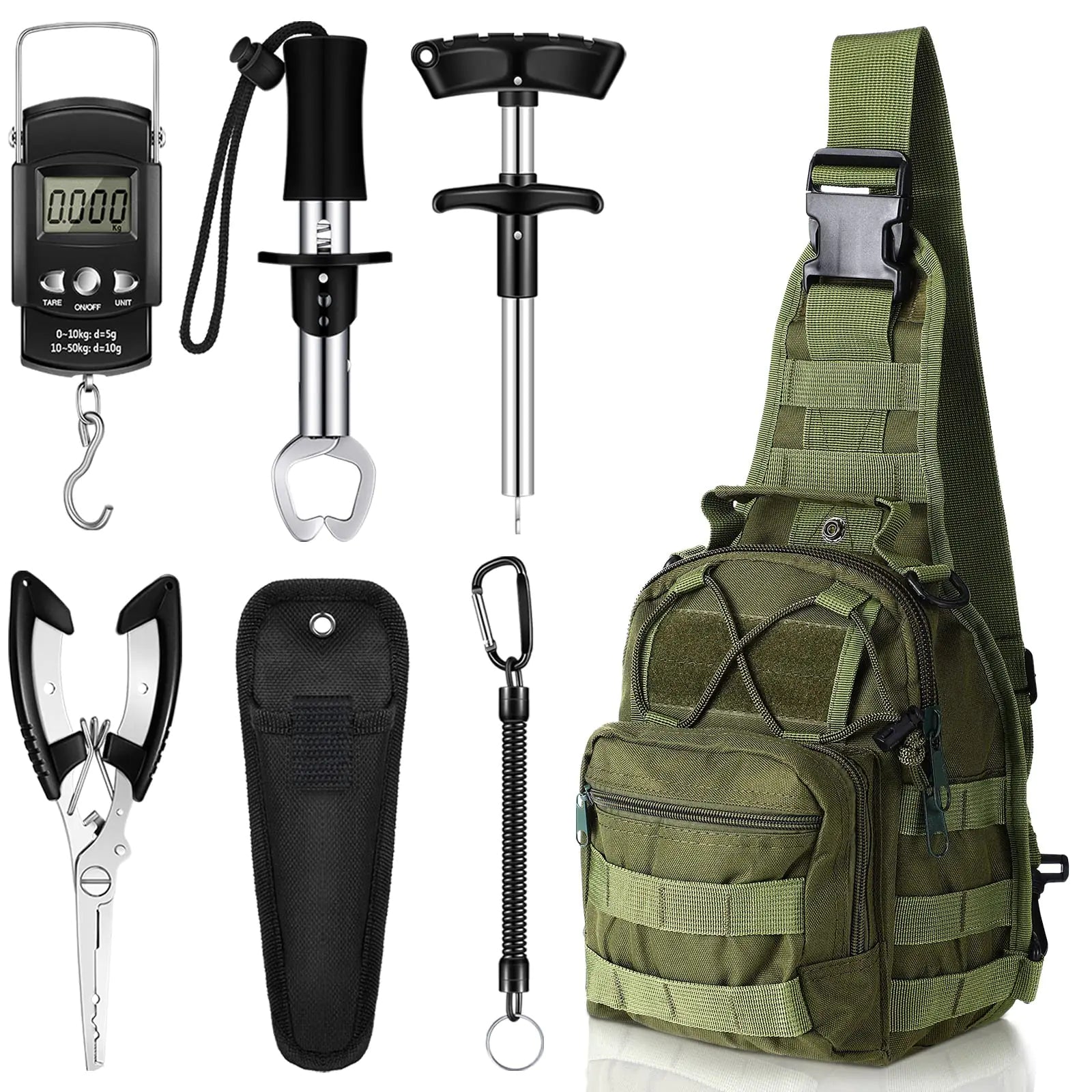 Hungdao 7 Pcs Fishing Tool Kit Fishing Pliers Kit Fishing Gear and Equipment Fishing Pliers Tackle Fish Hook Remover Fishing Backpack Fish Scale Fish Gripper Fishing Weigh Scale Separator(Army Green)