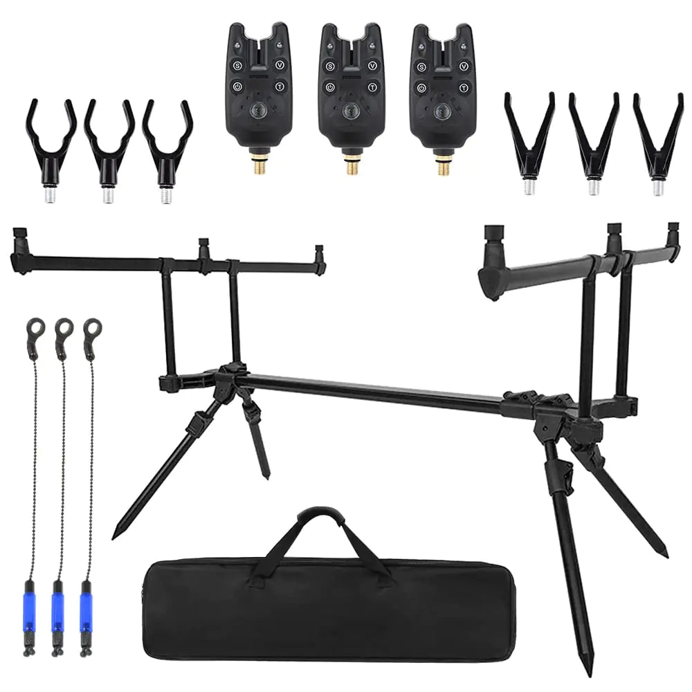 Taruor Fishing Rod Stand Rack Adjustable Retractable Carp Fishing Rod Stand Holder with 3 Fishing Bite Alarms 3 PCS Fishing Bait Swinger Fishing Tackle Set Fishing Accessories