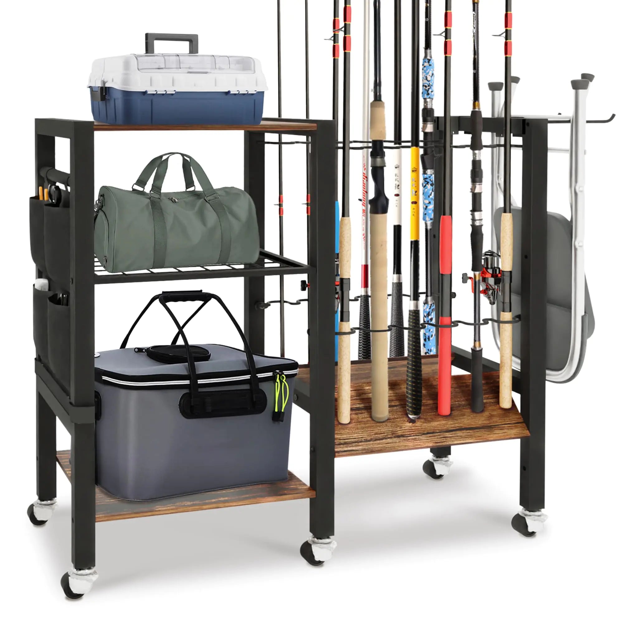 BELLO YON Fishing Rod Holders Fishing Gear Fishing Equipment Organizers Fishing Pole Holders for Garage Fishing Rod Tackle Cart Holds up to 12 rods 3 floors 32.8x 12