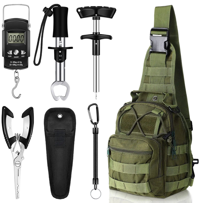 Hungdao 7 Pcs Fishing Tool Kit Fishing Pliers Kit Fishing Gear and Equipment Fishing Pliers Tackle Fish Hook Remover Fishing Backpack Fish Scale Fish Gripper Fishing Weigh Scale Separator(Army Green)