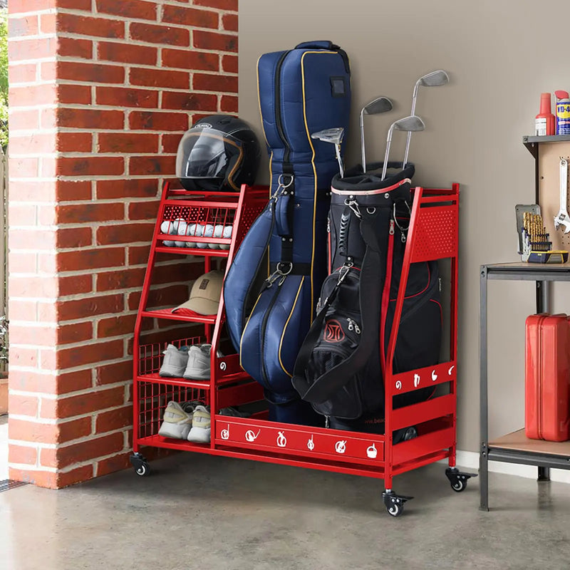 Lauren&Harold Golf Bag Organizer Garage Storage Golf Storage Rack Stand Fits 2 Golf Bags Golf Clubs and Other Golfing Equipment Accessories Golf Organizer for Garage Club Shed Basement Red