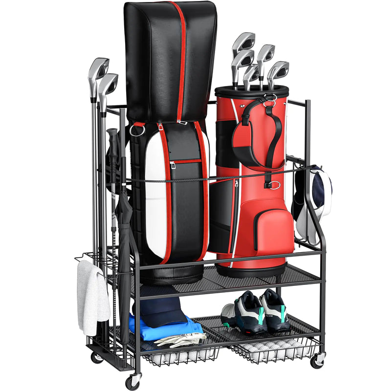 VOPEAK Golf Bag Organizer Golf Bag Stand Fits Two Bags Golf Organizer for Golf Clubs Golf Balls Golf Equipment Accessories Extra Large Golf Storage Organizer for Garage Club Shed Basement