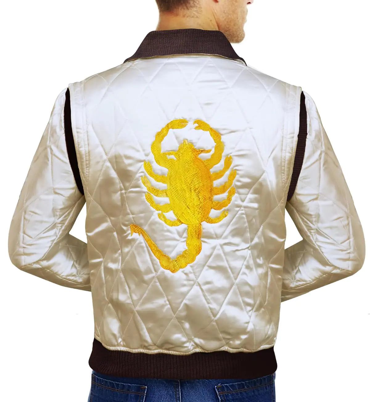 OBX Fashion Quilted Satin Golden Embroidery Mens Ivory White Lightweight Bomber Jacket (XXL)