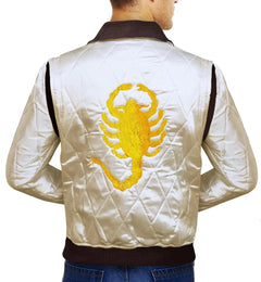 OBX Fashion Quilted Satin Golden Embroidery Mens Ivory White Lightweight Bomber Jacket (XXL)