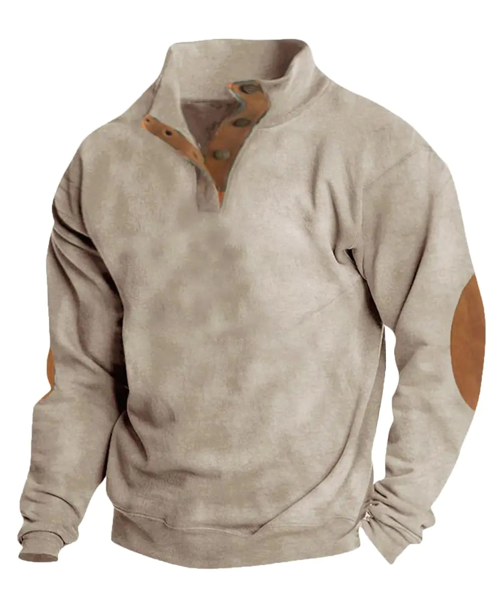 HARGLESMAN Mens Fashion Sweatshirts Casual Stand Collar Button Long Sleeve Fleece Cashmere Pullover Top Shirts with Suede Elbow Patches Warm Jacket Coat Apparel Cloth Khaki M