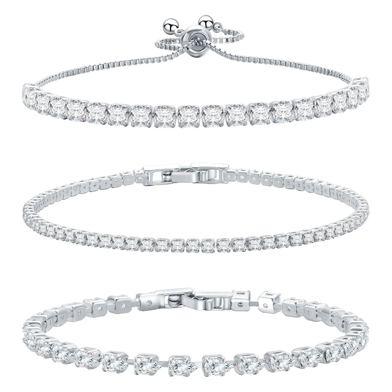 14K Silver Plated Tennis Bracelet Cubic Zirconia Classic Adjustable Bracelet Silver Bracelets for Women Birthday Valentine Mothers Day Jewelry (GSZH-003)