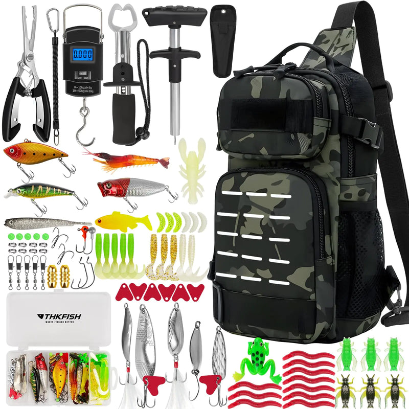 THKFISH 85Pcs Fishing Tool Kit Fishing Backpack with Tackle Boxes Included Fishing Tackle Kit Include Fishing Bait Lure Gear Kit Fishing Pliers Fish Hook Remover Lip Gripper