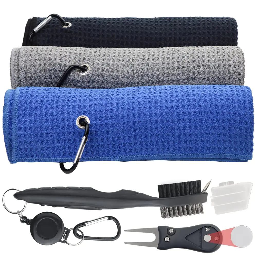 Golf Towel Set Golf Club Cleaning Kit - 3 Microfiber Waffle Pattern Golf Towels & Golf Club Brush Groove Cleaner & Divot Repair Tool Golf Towels for Golf Bags - Golf Accessories for Men & Women