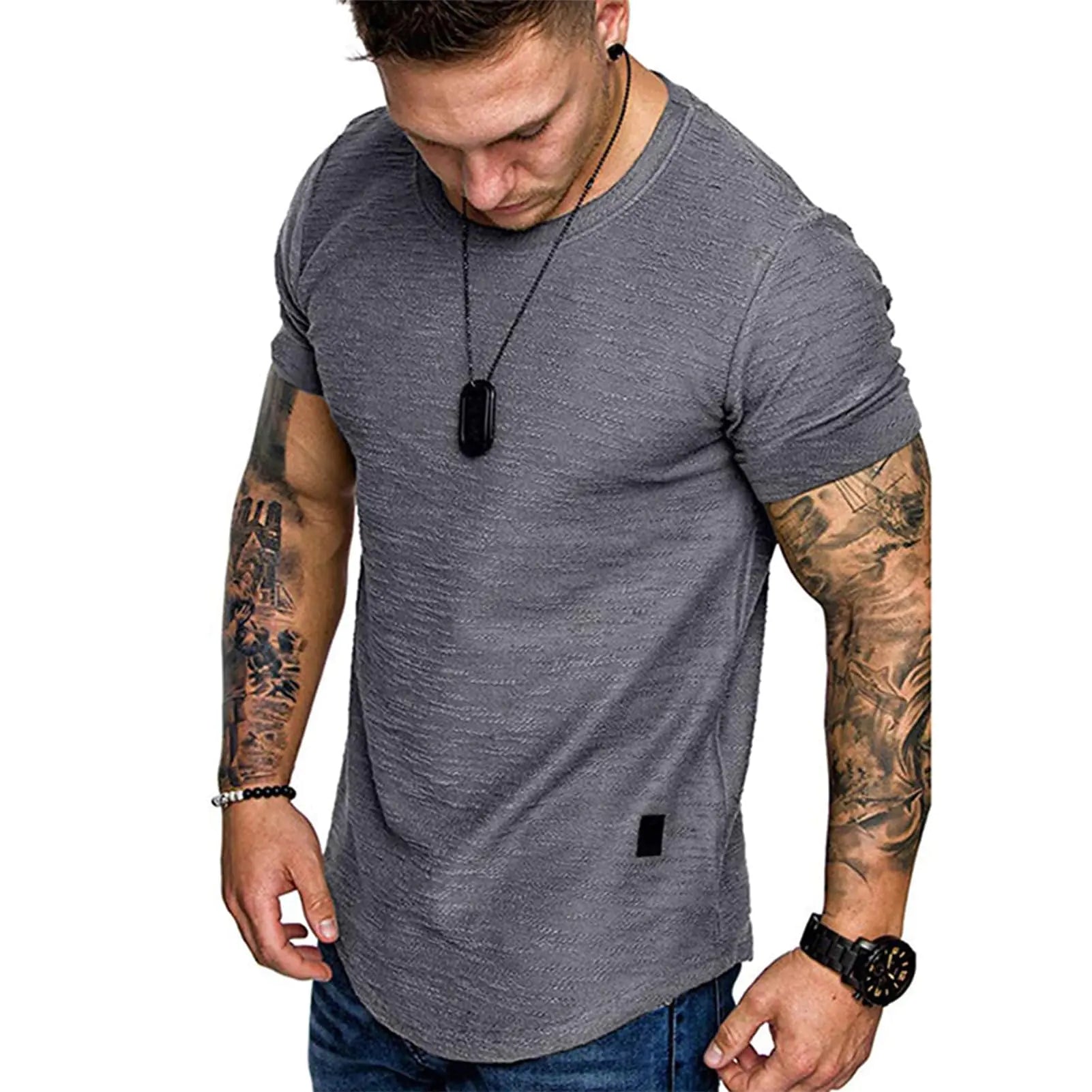 Mens Fashion Muscle Gym Shirts - Casual Workout Fitted Shirts Summer Tee Shirt Cotton Training Top Shirt Gray