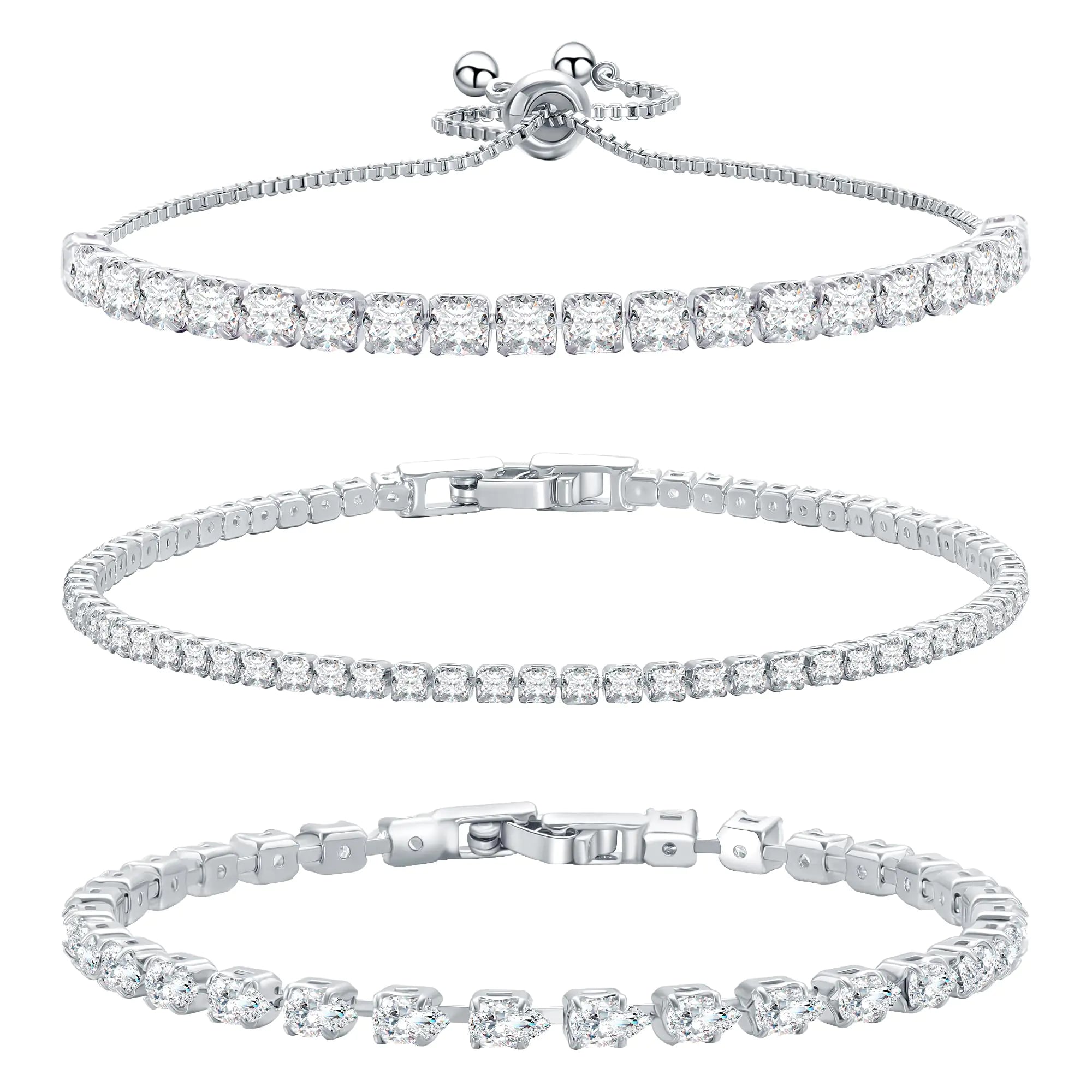 14K Silver Plated Tennis Bracelet Cubic Zirconia Classic Adjustable Bracelet Silver Bracelets for Women Birthday Valentine Mothers Day Jewelry (GSZH-003)