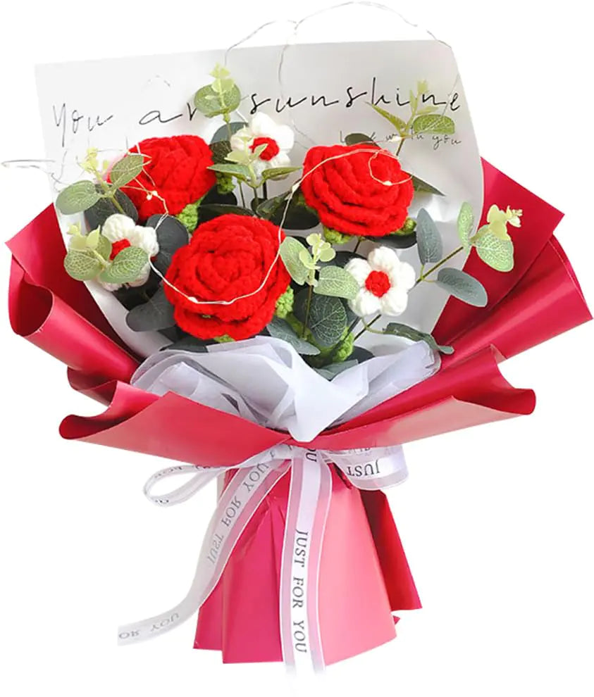 Phaicoilo Crochet Rose Flower Bouquet: Completed Crochet Flowers for Valentines Day Mothers Day Birthday Home Decor (Red)