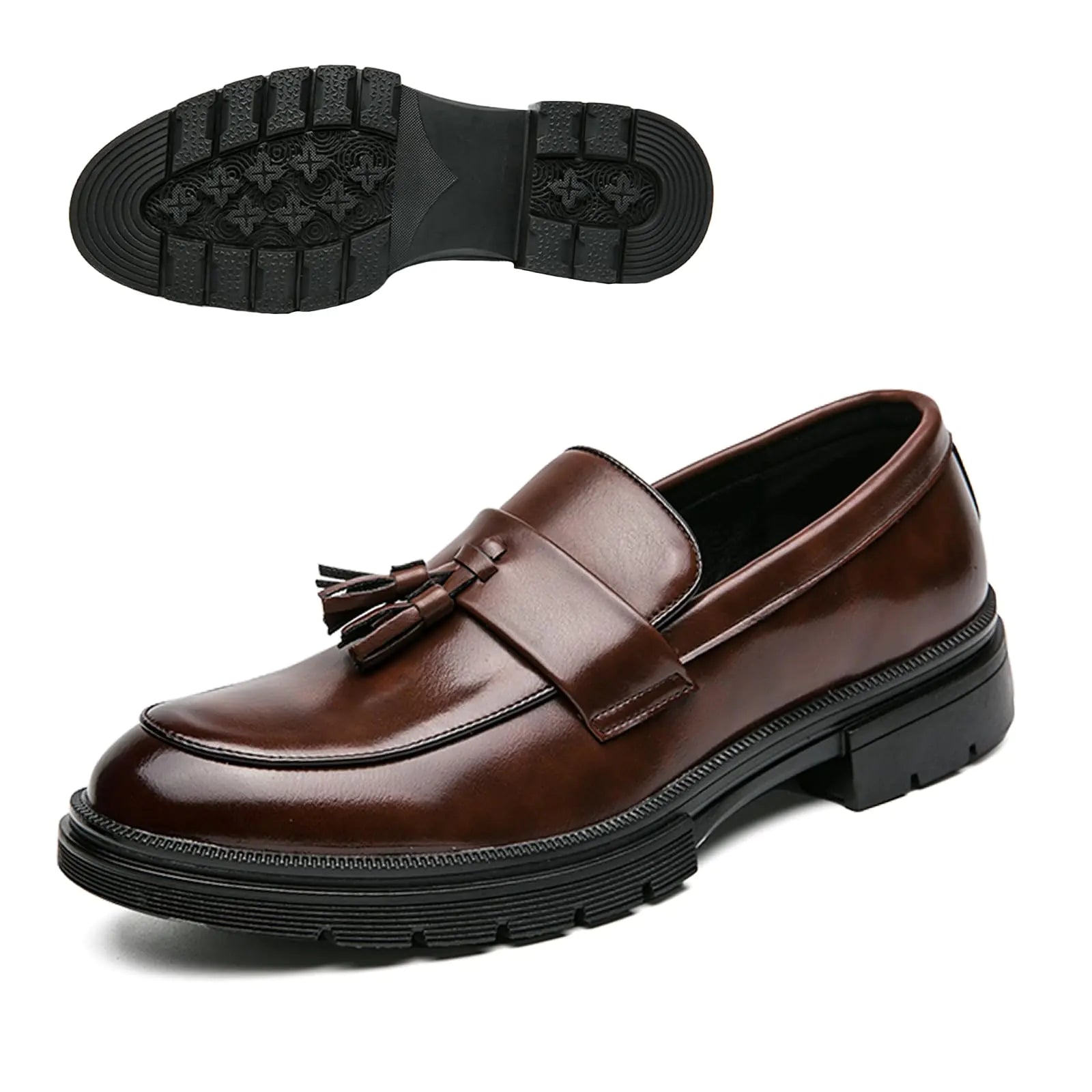 Mens Fashion Tassel Platform Loafers Comfortable Wide Round Toe Slip on Lug Sole Low Block Heel Business Dress Shoes Non-Slip Work Office Casual Shoes (Brown7)