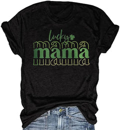 T-Shirt for Mama Womens One Lucky Mama St Patricks Day Graphic Tees Mothers Day Tops for Mommy(27-Black-1S)
