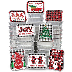 Siawoy 48Pcs Christmas Aluminum Food Containers with Lids 8 Christmas Buffalo Plaid Designs Christmas Treat Containers Christmas Cookie Tins with Lids Disposable Christmas Leftover Containers
