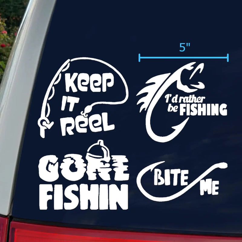 Fishing Decals 4 Pack: Keep It Reel Gone Fishing Id Rather Be Fishing Bite Me (White Large ~5