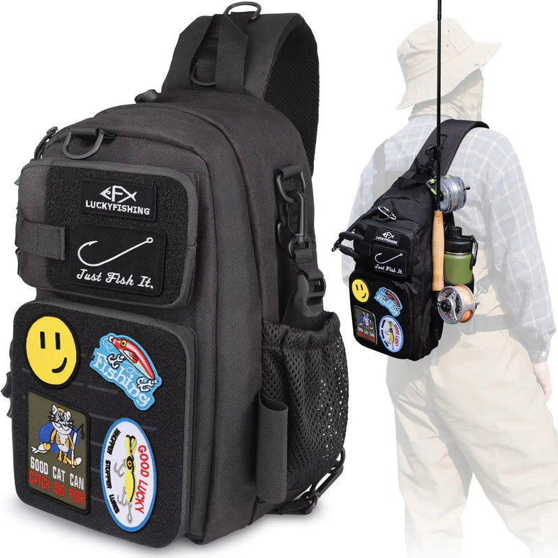 LUCKYFISHING Fishing Backpack Fishing Sling Bag Fly Fishing Bag Lightweight Fishing Backpack with 6PCS Hook Style-DIY Embroidery Patches
