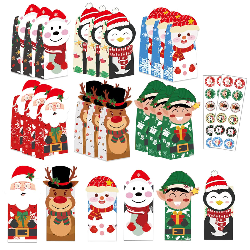 Christmas Treat Bags 24Pcs Christmas Goodie Bags for Kids with 24 Christmas Stickers Christmas Bags for Gift Christmas Goodie Bags for Classrooms Kraft Holiday Goody Party Favors Office