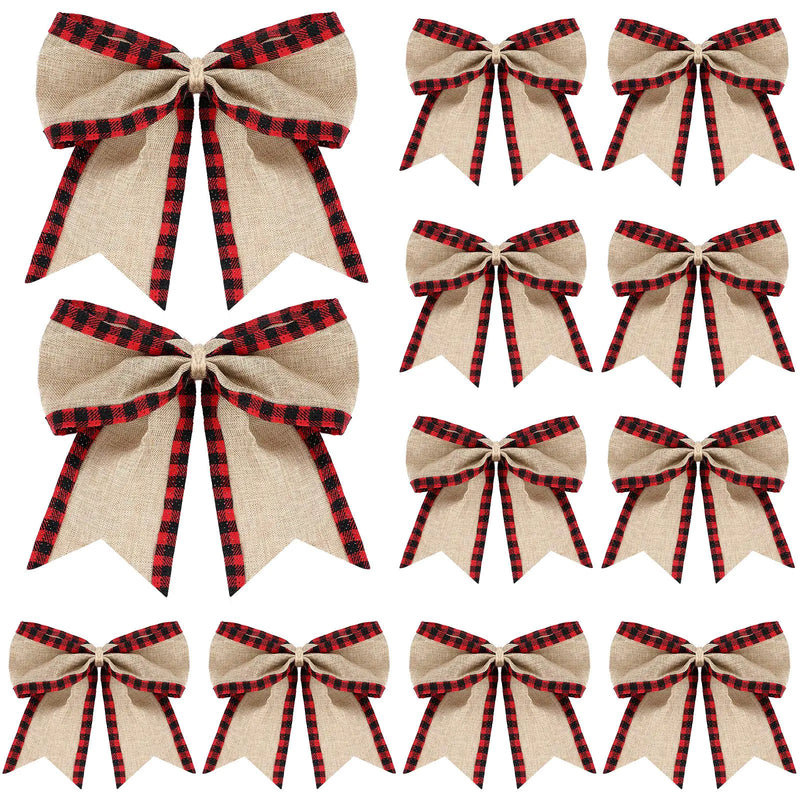 Syhood 12 Pieces Christmas Burlap Plaid Bow Christmas Buffalo Plaid Bow Christmas Decoration Bow for Christmas Tree Crafts Home Decoration (Black and Red)