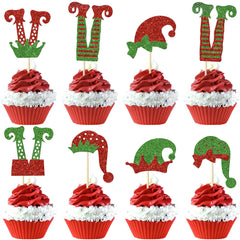 Rsstarxi 24 Pack Christmas Elf Cupcake Toppers Glitter Santa Hat Christmas Elf Legs Cupcake Picks Merry Christmas Cake Decorations for Baby Shower Kids Birthday Christmas Party Decorations