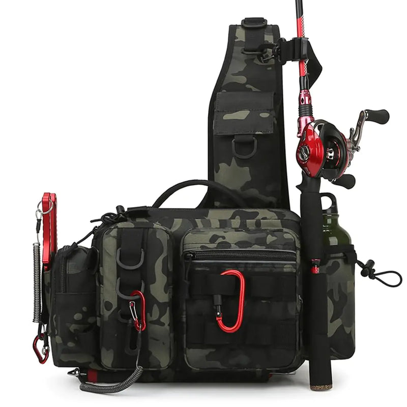 VAPK Fishing Sling Bag Crossbody Bag Fishing Tackle Backpack Box with Rod & Gear Holder Lightweight Tackle Storage Bags Outdoor Fishing Shoulder Pack for Fishing Hiking Hunting，ICE Fishing
