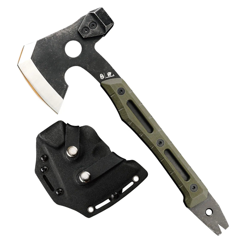 HX Outdoors Multifunctional Splitting Axe Full Tang Survival Camping Tactical Wood Hatchet，Camp Bushcraft Hand Axes with Hammer and Nail Puller (Army Green)
