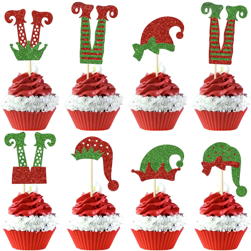 Rsstarxi 24 Pack Christmas Elf Cupcake Toppers Glitter Santa Hat Christmas Elf Legs Cupcake Picks Merry Christmas Cake Decorations for Baby Shower Kids Birthday Christmas Party Decorations